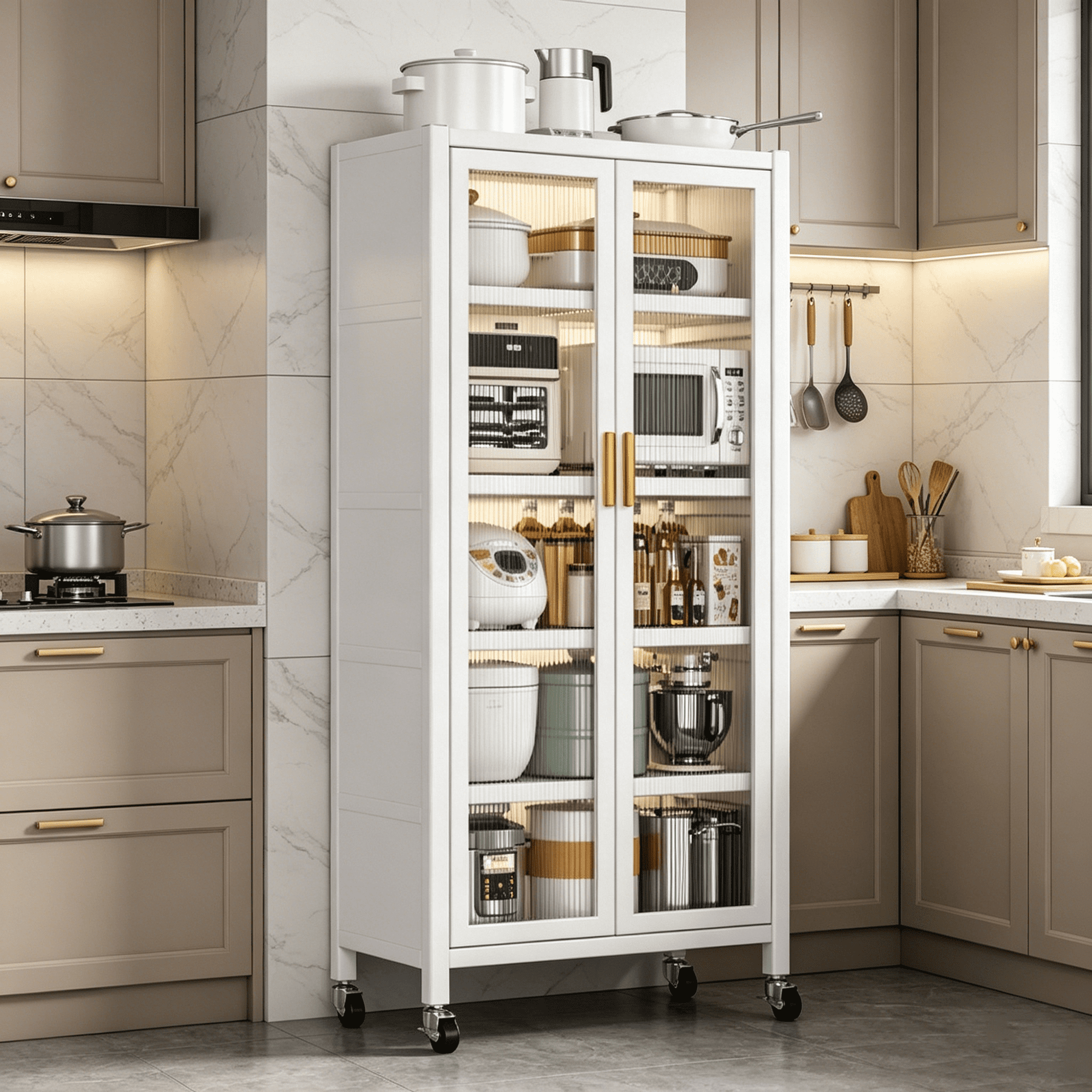 Wohh Kitchen Pantry Cabinet with Wheels, 65.2" Tall Storage Cabinet with Double Doors and Shelves, Metal & PC Microwave Stand Organizer, Freestanding Utility Cupboard for Dining Room