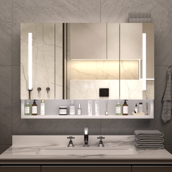 Wohh Medicine Cabinet Mirror with Anti-Fog, 39" Aluminum Bathroom Storage Cabinet LED , 3-Door Mirrored Cabinet with Adjustable Brightness, Multi-Level Storage Compartments