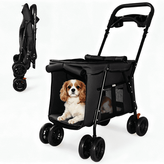 Wohh Pet Stroller for Small & Medium Dogs Cats–Foldable 4-Wheel Design with 2 Fixed Safety Leashes,Breathable Mesh,Storage Tray,Up to 33 lbs Capacity,All-Terrain Travel Carriage for Pets, Black