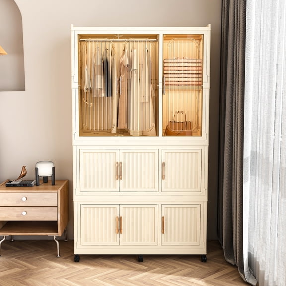 Wohh Portable Wardrobe Closet with 1 Hanging Rod, Foldable Clothes Storage Organizer with 9 Magnetic Doors, 6 Hangers, Plastic Cabinet for Bedroom, Dorm, Nursery, White