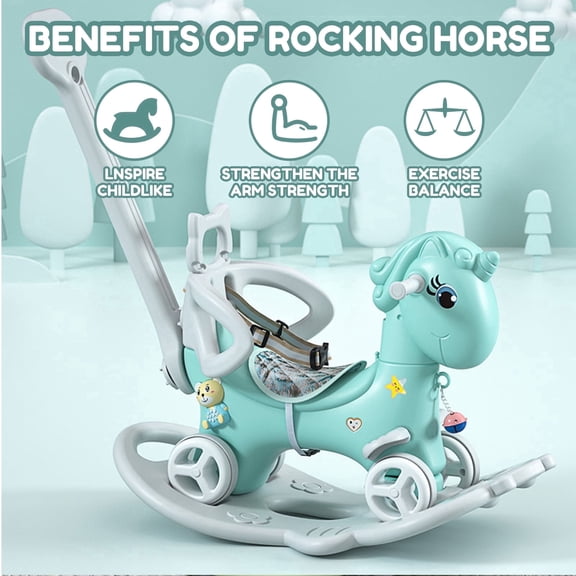 Wohh Rocking Horse for Toddlers , Balance Bike Ride On Toys with Push Handle, Versatile PE Rocking Horse for Kids