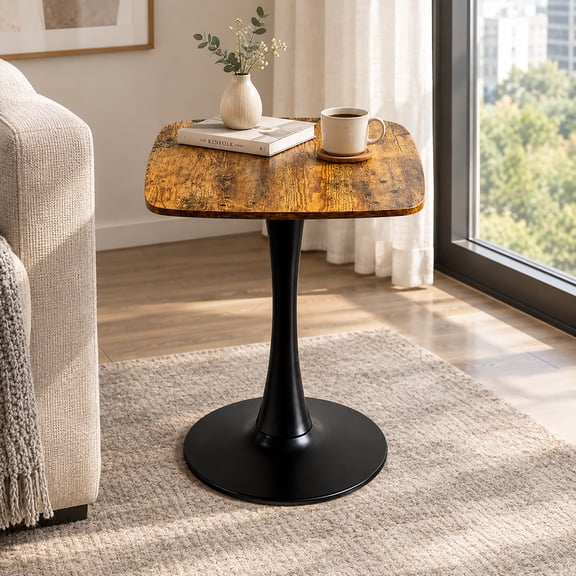 Wohh Square Dining Table, 23.6" Square Tulip Table with MDF Tabletop & Matte Black Metal Pedestal Base,Mid Century Modern Bistro Table for Kitchen, Small Places, Living Room, Cafe,(Rustic Brown)