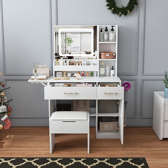 Wohh Vanity Desk with LED Lighted Mirror & Power Outlet, Makeup Vanity Table with Charging Station, 3 Drawers, 7 Shelves & Stool,Adjustable Brightness, Dressing Table for Women Girls(White1 L)