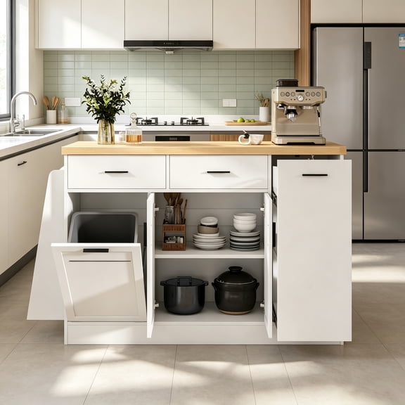 Wohh White Kitchen Multi-Functional Storage Sideboard with Hidden Trash Bin Cabinet Sliding Door Spice Rack Wood Top Kitchen Sideboard Buffet Cabinet with 2 Drawers Adjustable Shelf for Dining Room
