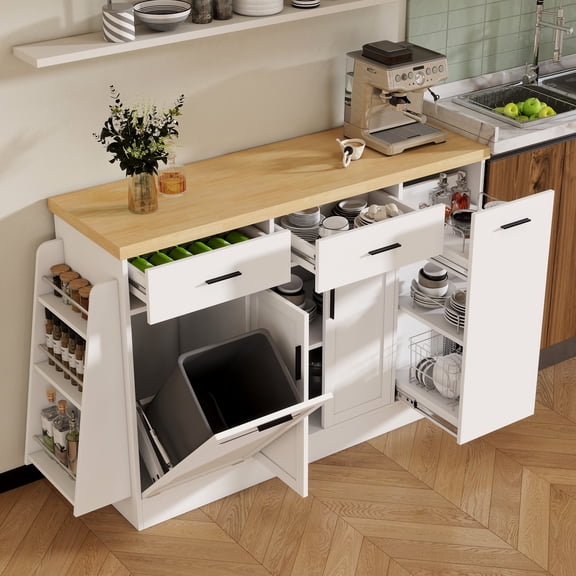 Wohh White Kitchen Multi-Functional Storage Sideboard with Hidden Trash Bin Cabinet Sliding Door Spice Rack Wood Top Kitchen Sideboard Buffet Cabinet with 2 Drawers Adjustable Shelf for Dining Room