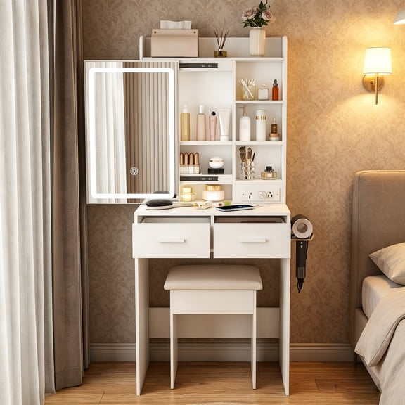 Wohh White Makeup Vanity Desk with Mirror & 3-Color Dimmable LED Lighting,Built-in Power Outlet & Hidden Storage, Small Compact Dressing Table Set for Bedroom, Includes Stool