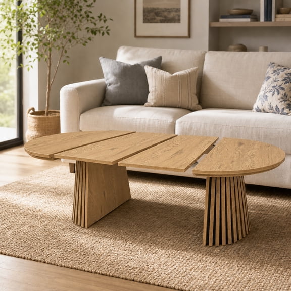 Wohh Wooden Round Wooden Coffee Table, Flexible and Extendable, Multi-functional and Space-saving, Oval Design and Slatted Table Legs, Tea Table or Office Desk, Modern Living Room Center Table