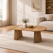 Wohh Wooden Round Wooden Coffee Table, Flexible and Extendable, Multi-functional and Space-saving, Oval Design and Slatted Table Legs, Tea Table or Office Desk, Modern Living Room Center Table