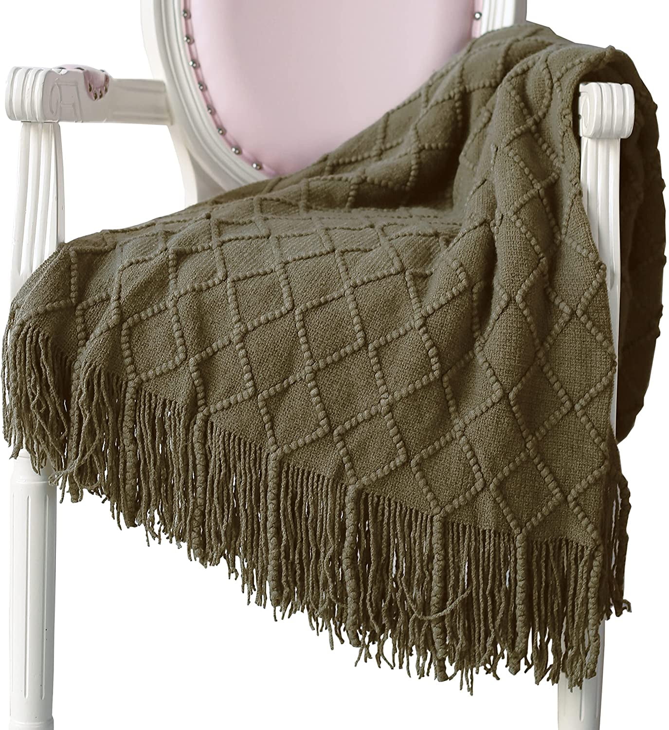 Wohndecke Weich Strick Wolldecke Quaste Kuscheldecke Sofadecke Schlafdecke Decke, Rosa, 125 x 210cm