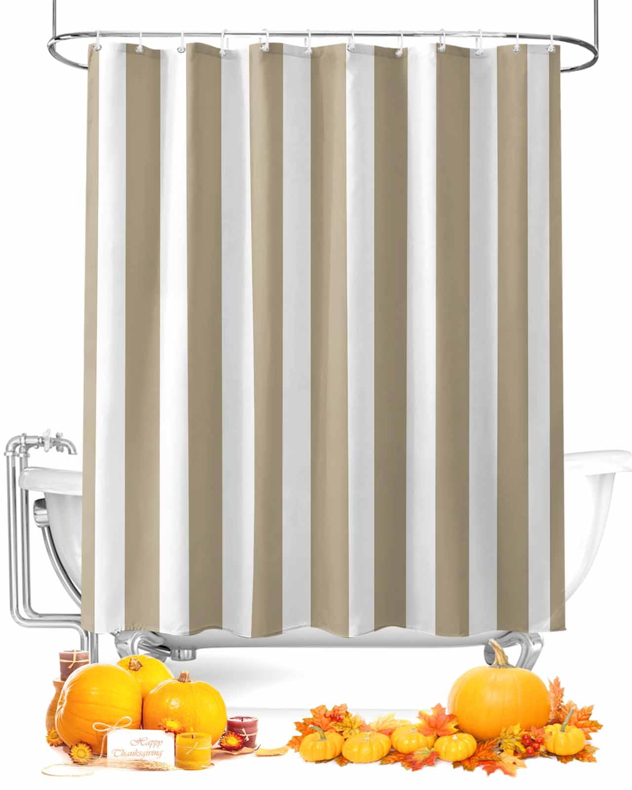 Wohnkutu Beige Striped Standard Shower Curtains Set with 12 Hooks-72 x 72 Inch Waterproof Bath ...