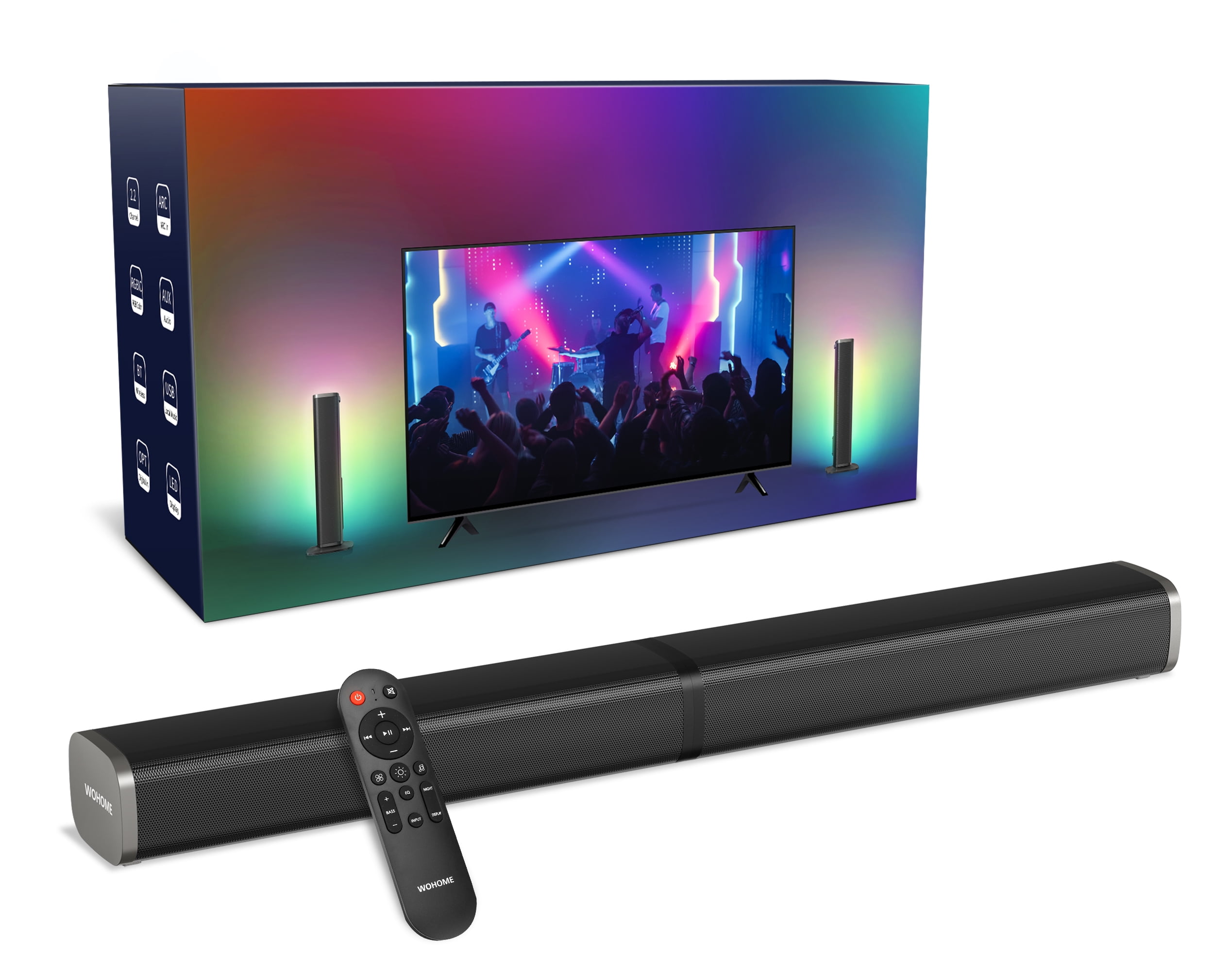 Wohome Sound Bars for TV, Colorful LED Light Bar Speakers, 2.2ch 32