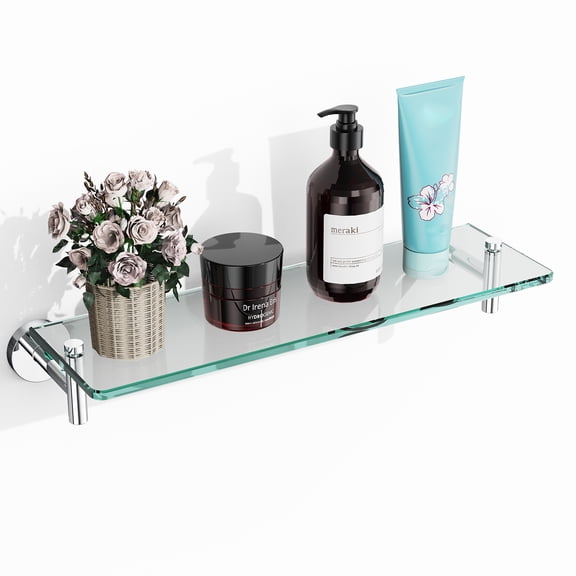 Woindo Bathroom Glass Shelf, Floating Tempered Glass Bathroom Wall Shelf Rectangle 16 Inch Shelves Brushed Nickel Bracket Mount Modern
