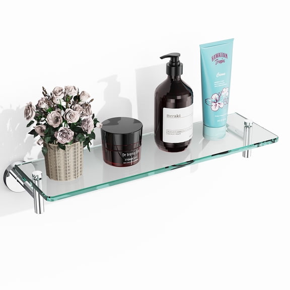 Woindo Bathroom Glass Shelf, Floating Tempered Glass Bathroom Wall Shelf Rectangle 16 Inch Shelves Chrome Polished Bracket Mount Modern