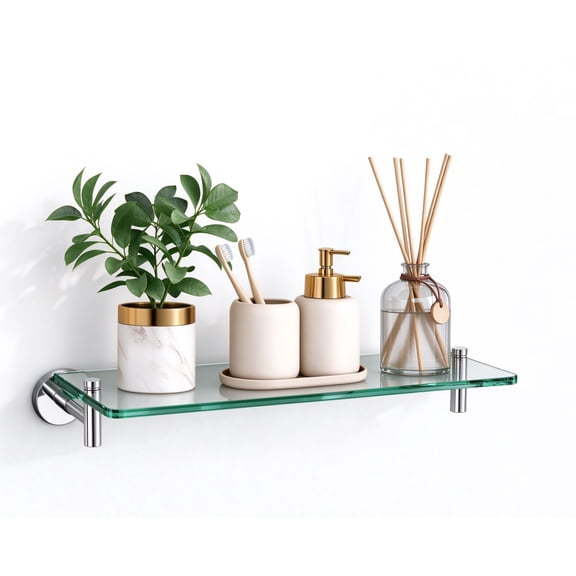 Woindo Bathroom Glass Shelf, Floating Tempered Glass Bathroom Wall Shelf Rectangle 16 Inch Shelves Chrome Polished Bracket Mount Modern