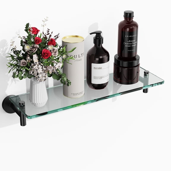 Woindo Bathroom Glass Shelf, Floating Tempered Glass Bathroom Wall Shelf Rectangle 20 Inch Shelves Black Bracket Mount Modern