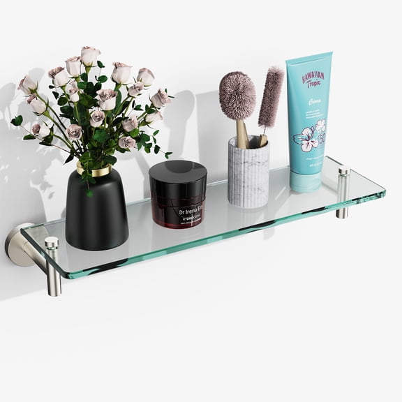 Woindo Bathroom Glass Shelf, Floating Tempered Glass Bathroom Wall Shelf Rectangle 20 Inch Shelves Brushed Nickel Bracket Mount Modern
