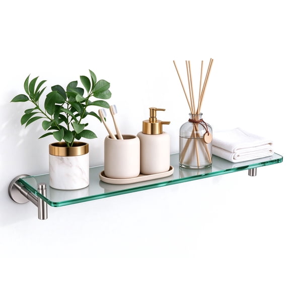 Woindo Bathroom Glass Shelf, Floating Tempered Glass Bathroom Wall Shelf Rectangle 20 Inch Shelves Brushed Nickel Bracket Mount Modern