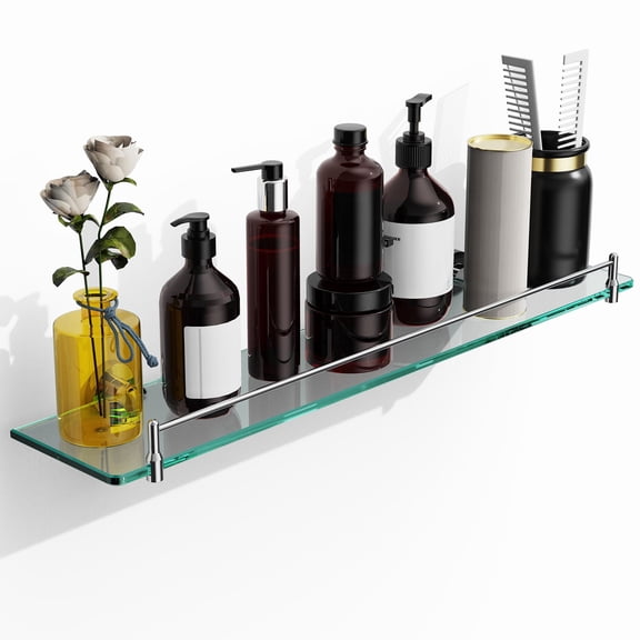 Woindo Bathroom Glass Shelf, Floating Tempered Glass Bathroom Wall Shelf Rectangle 24 inch Shelves Chrome Polished Bracket Mount Modern