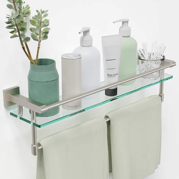 Woindo Bathroom Glass Shelf with Full-coverage Railing, Floating Tempered Glass Bathroom Wall Shelf Rectangle 16 Inch Over The Toilet Storage Cabinet, Towels, Gaming Floating Shelves