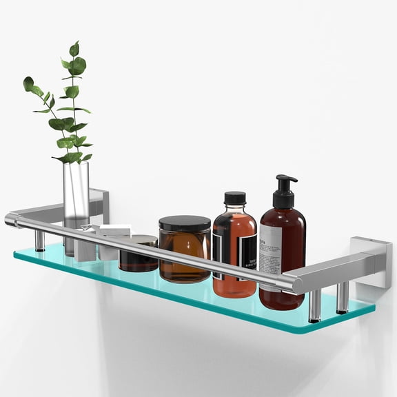 Woindo Bathroom Glass Shelf with Full-coverage Railing, Floating Tempered Glass Bathroom Wall Shelf Rectangle 20 Inch Shelves Brushed Nickel Bracket Mount Modern