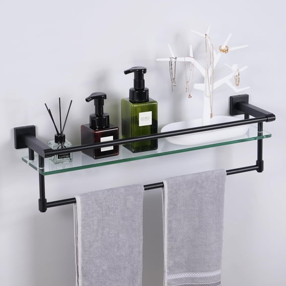 Woindo Bathroom Glass Shelf with Full-coverage Railing, Floating Tempered Glass Bathroom Wall Shelf Rectangle 24 Inch Over The Toilet Storage Cabinet, Towels, Gaming Floating Shelves
