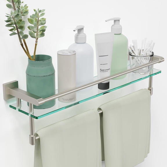 Woindo Bathroom Glass Shelf with Full-coverage Railing, Floating Tempered Glass Bathroom Wall Shelf Rectangle 24 Inch Over The Toilet Storage Cabinet, Towels, Gaming Floating Shelves