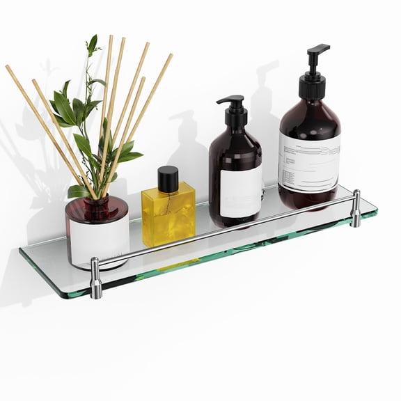 Woindo Bathroom Glass Shelf with Railing, Floating Tempered Glass Bathroom Wall Shelf Rectangle 16 Inch Shelves Chrome Polished Bracket Mount Modern