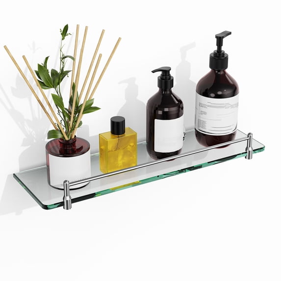 Woindo Bathroom Glass Shelf with Railing, Floating Tempered Glass Bathroom Wall Shelf Rectangle 16 Inch Shelves Chrome Polished Bracket Mount Modern