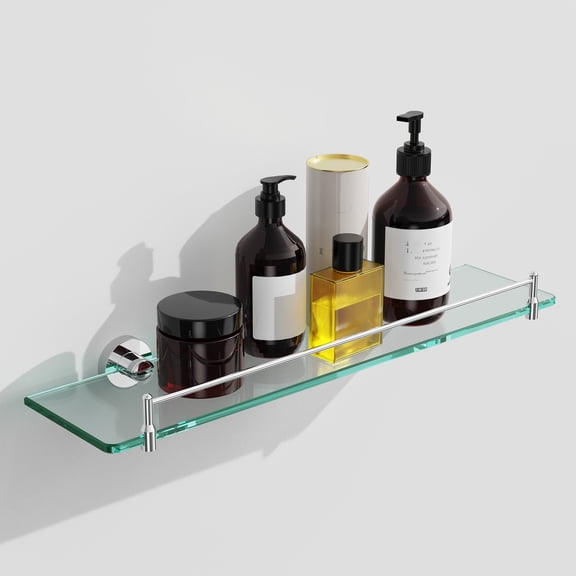 Woindo Bathroom Glass Shelf with Railing, Floating Tempered Glass Bathroom Wall Shelf Rectangle 20 Inch Shelves Chrome Polished Bracket Mount Modern