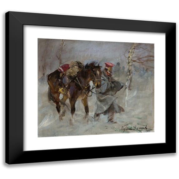 Wojciech Kossak 23x20 Black Modern Framed Museum Art Print Titled - Uhlan Leading a Horse (1927)