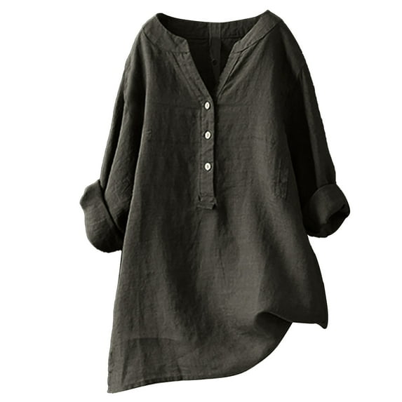 Wojeull Loose Button Down Blouse Tops Stand Solid Sleeve Collar Long Casual Women Shirt Women's Blouse
