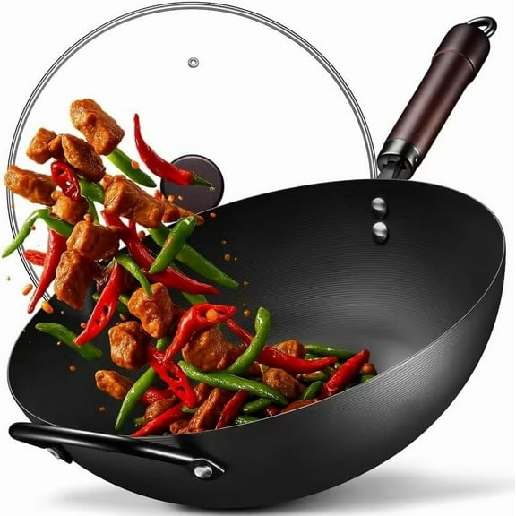 MY  Wok, 13 Inch carbon steel woks & stir-fry pans nonstick, Pre-Seasoned 5.8QT Flat Bottom Chinese Wok Paella Pan with lid, Carbon Steel Cookware, Compatible with All Cooktops