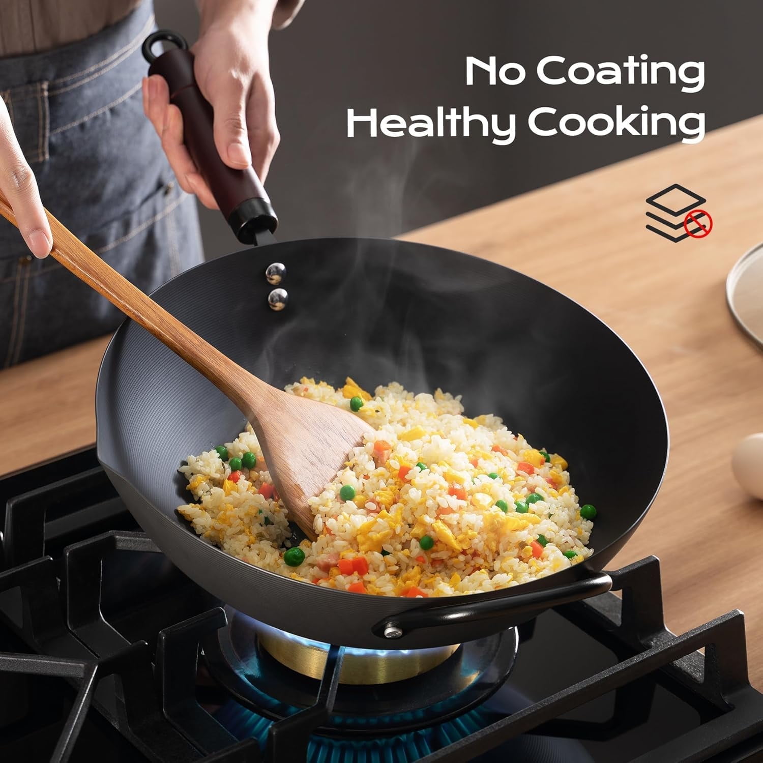 Wok, 13 Inch carbon steel woks \u0026 stir-fry pans nonstick, Pre-Seasoned 5.8QT Flat Bottom Chinese Wok Pan with lid, Carbon Steel Cookware, Compatible with All Cooktops