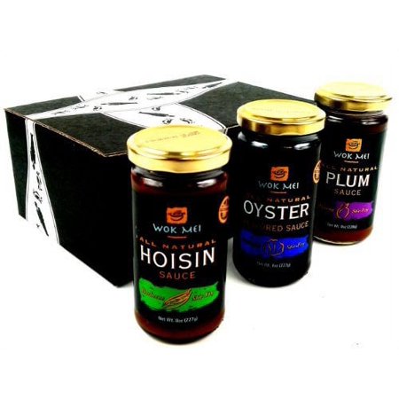 Wok Mei Gluten Free Sauces 3-Flavor Variety: One 8 oz Jar Each of Oyster, Hoisin, and Plum in a BlackTie Box (3 Items Total)