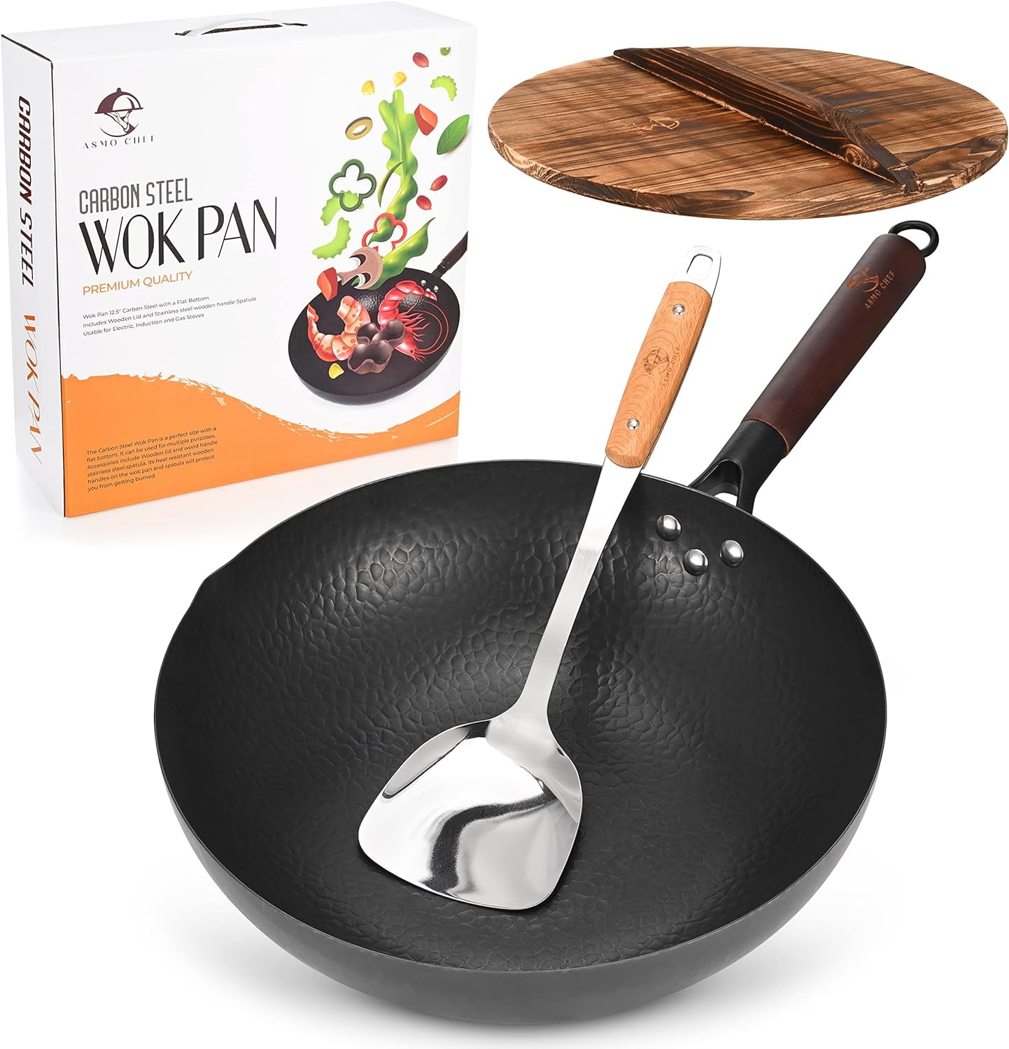 Wok Pan 12.5” Carbon Steel Woks & StirFry Pans Flat Bottom Wok with