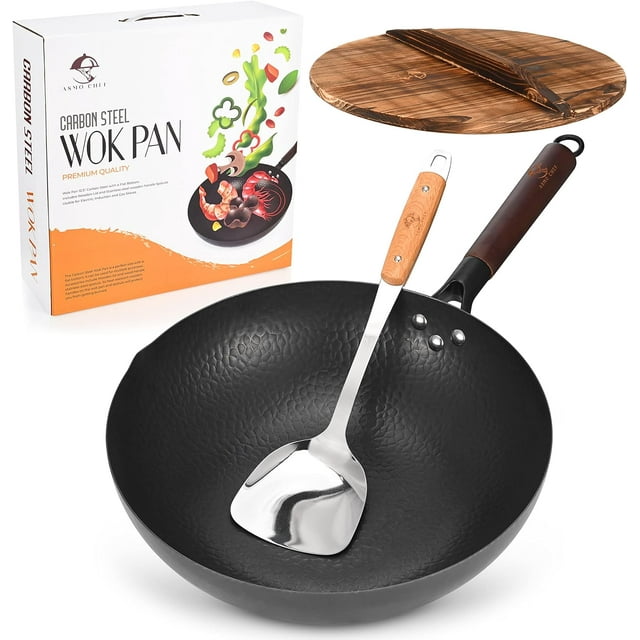 Wok Pan 12.5” Carbon Steel Woks & StirFry Pans Flat Bottom Wok with