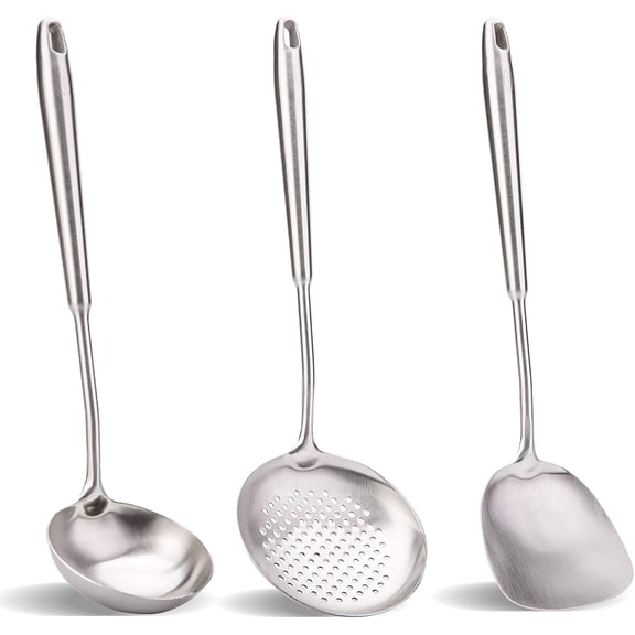 Wok Scraper and Ladle, Skimming Ladle Tool Set, China Wok Utensils Set, All Metal 304 Stainless Steel Cookware (15in,15in,14in)