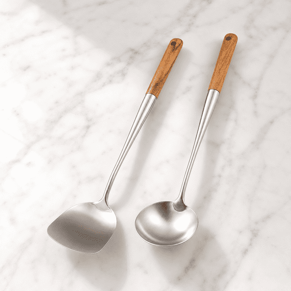Wok Spatula And Ladle Tool Set 17 inches 304 Stainless Steel ウォールナット- 2pcs