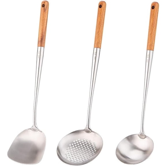 Wok Spatula and Ladle,Skimmer Ladle Tool Set, 17inches Spatula for Wok, 304 Stainless Steel Cooking Utensils - Multi-Functional High-Efficiency Design for Modern Kitchen Household Clean