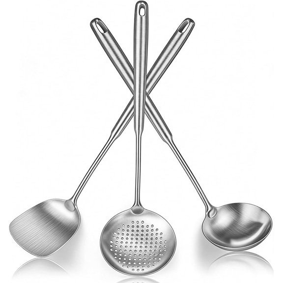 Wok Spatula Set, Stainless Steel Kitchen Cooking Utensils - 17" Wok Tools: Spatula, Ladle, Skimmer