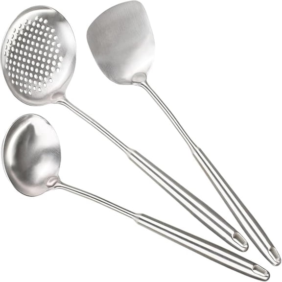 Wok Spatula Set, Stainless Steel Kitchen Cooking Utensils - 17" Wok Tools: Spatula, Ladle, Skimmer
