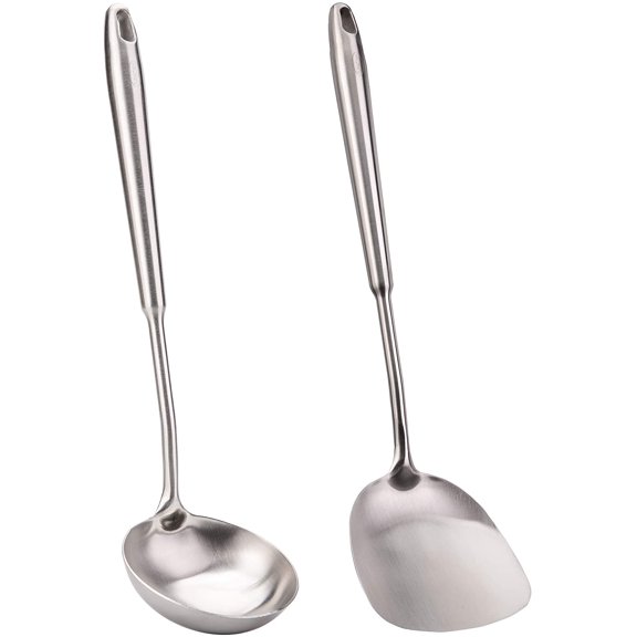 Wok Spatula and Soup Ladle Set - 304 Stainless Steel Wok Utensil Tools Set, 2 Pieces All Metal Cooking Kitchen Utensils,Chinese Wok Accessories for Cast Iron/Carbon Steel Wok