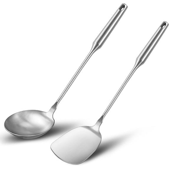 Wok Spatula and Ladle - Stainless Steel Wok Tools Set of 2, Heat-Resistant Wok Cooking Utensils, Universal Solid Kitchen Accessories