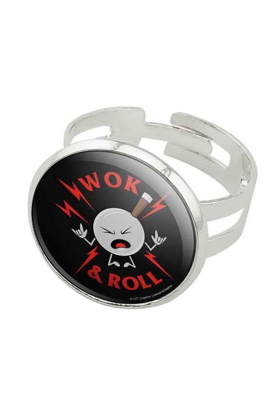 Wok and Roll Rock Funny Humor Silver Plated Adjustable Novelty Ring