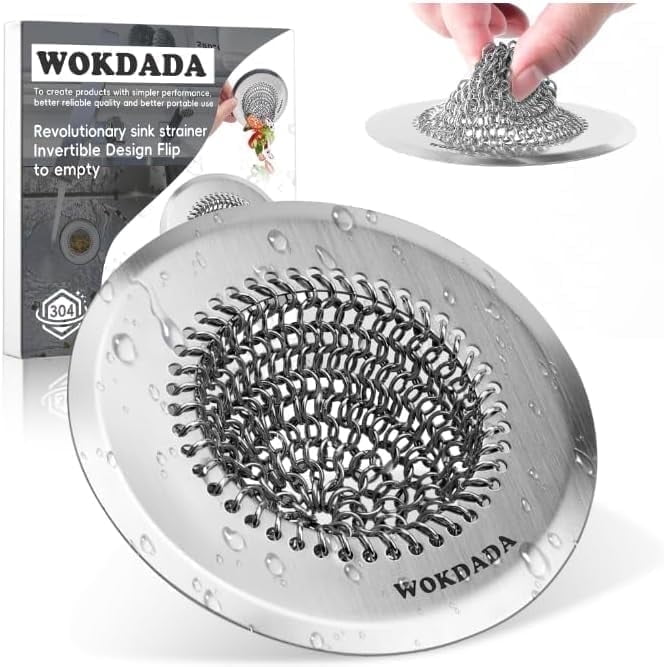 WOKDADA Revolutionary Kitchen Sink Strainer, Patented Reversible Chain Mesh, Effortless Cleaning & Food Catcher, No Clog, 304 Stainless Steel Handmade Sink Stopper