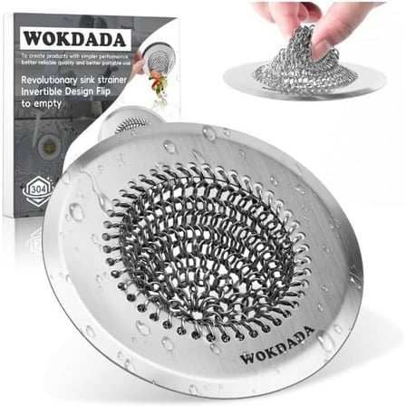 WOKDADA Revolutionary Kitchen Sink Strainer, Patented Reversible Chain Mesh, Effortless Cleaning & Food Catcher, No Clog, 304 Stainless Steel Handmade Sink Stopper