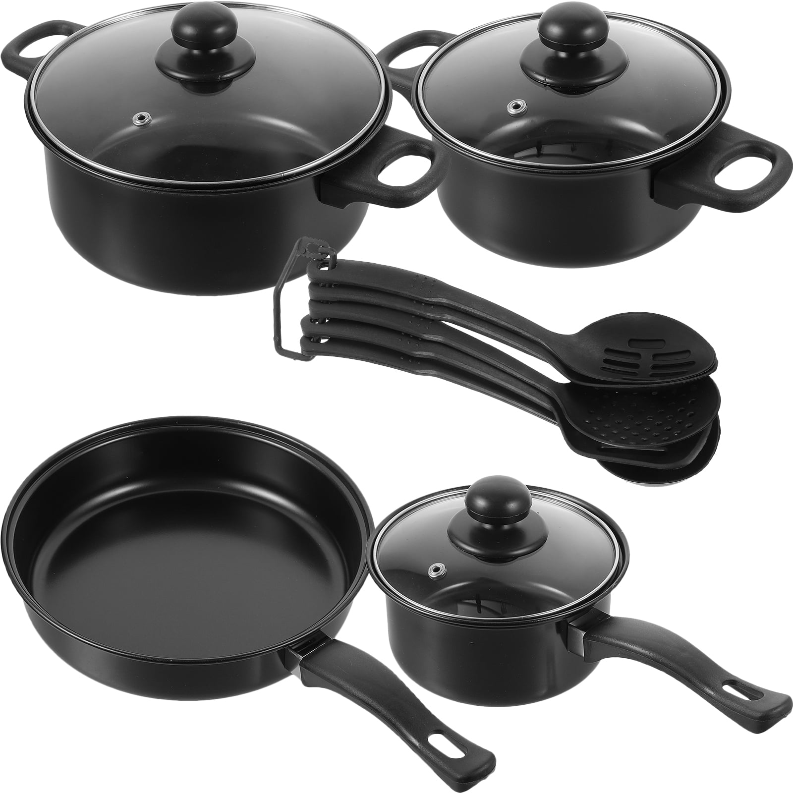 Woks Sevenpiece Set of Pots Chef Cast Iron Skillet Frying Pan with Lid