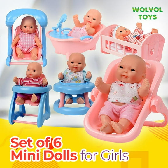 WolVolk Mini Baby Dolls Toy, 6 Baby Dolls with Cradle, High Chair, Walker, Swing, Bathtub, Infant Seat