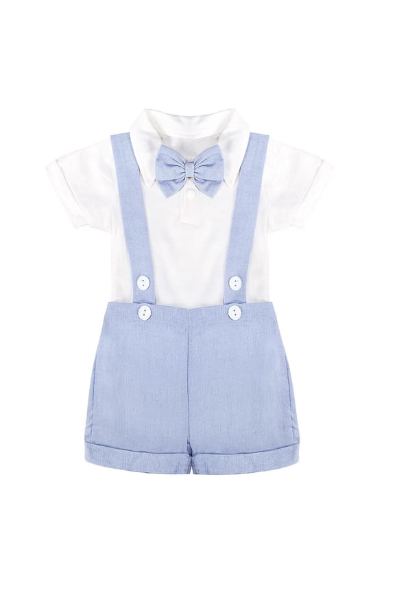 Baby Boys formal Suit Set Short Sleeve Romper Suspenders Shorts Pants Bowtie Wedding Tuxedo Outfits Cake Clothes,Light Blue 3-6 Months