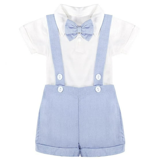 Wolcakyue Baby Boys formal Suit Set Short Sleeve Romper Suspenders Shorts Pants Bowtie Wedding Tuxedo Outfits Cake Clothes,Light Blue 3-6 Months
